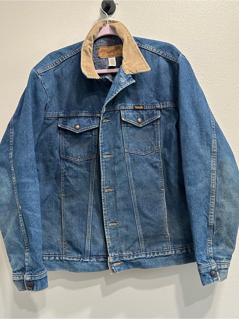 VTG Wrangler Men's Blue Denim Jacket with Tan Corduroy Collar,blanket lined
